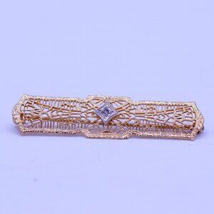 Antique Art Deco 14K Gold Diamond Filigree Bar Pin Brooch